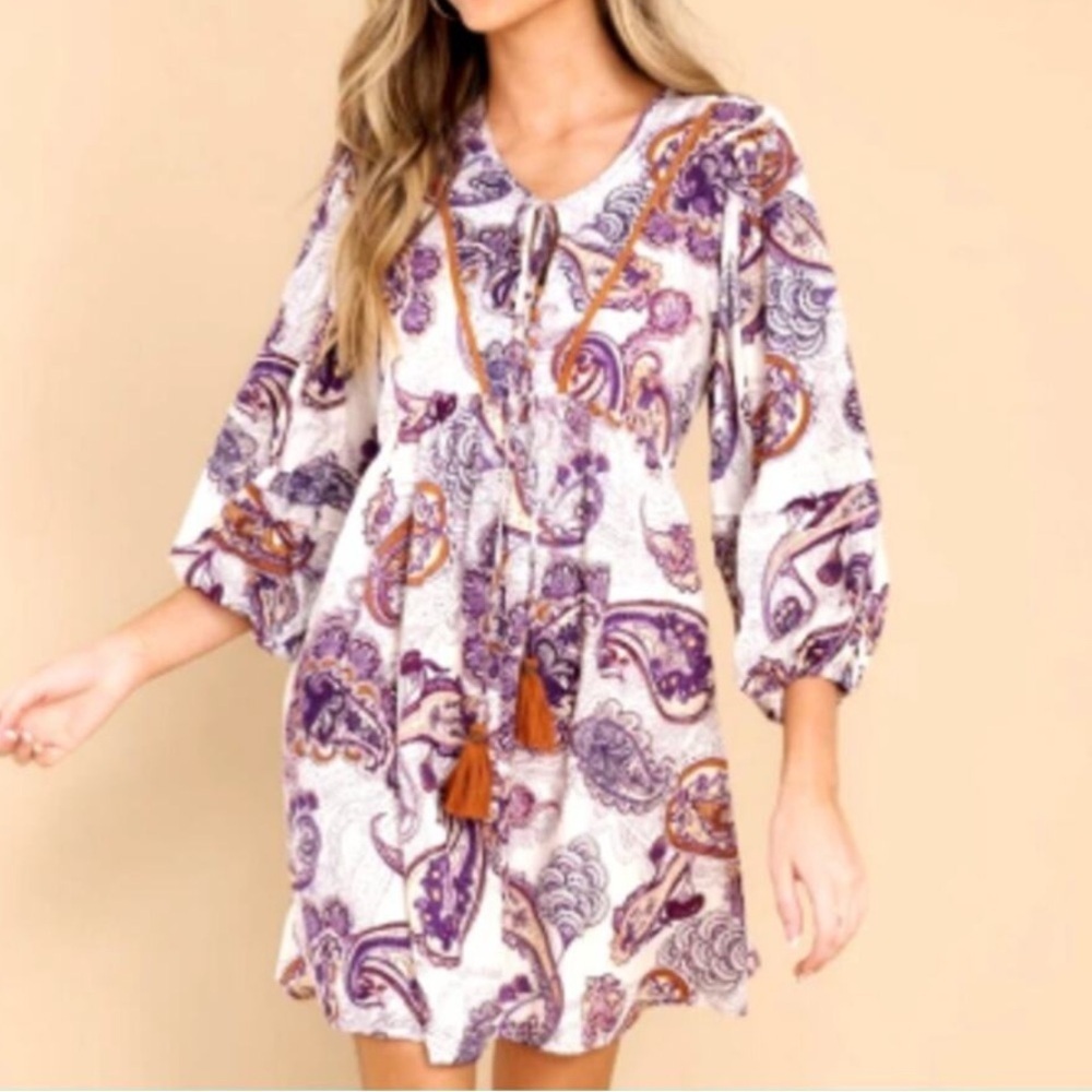 Band Of The Free Lyonette Paisley Boho Mini Dress Purple Small Tassel